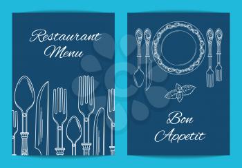 Vector card, flyer or brochure template for restaurant or cafe menu with exquisite hand drawn tableware illustration