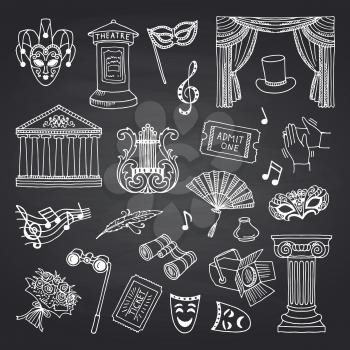 Vector set of doodle theatre elements on black chalkboard illustration. Entertainment show and acting, play drama, ticket to opera blackboard