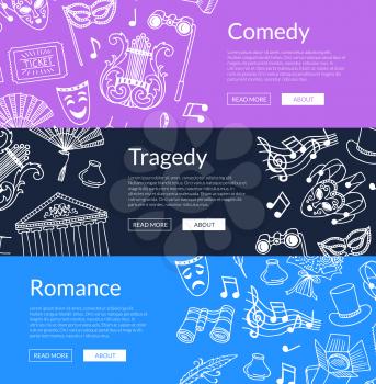 Vector doodle theatre elements horizontal web banners or posters illustration