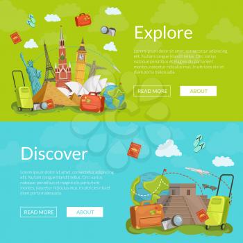 Vector horizontal web banners illustration. Travel discover and explore, tourism and adventure, vacation journey worldwide