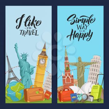 Vector world sights vertical flyer templates for travel agency or blog with lettering illustration