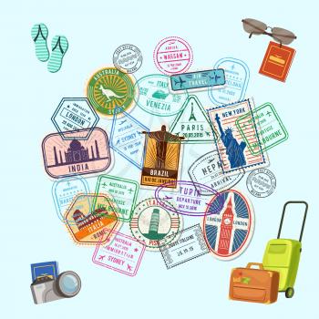 Vector concept illustration with post marks and immigration stamps all over the world and cartoon baggage, camera and flip flops. Passport stamp for tourism and journey illustration