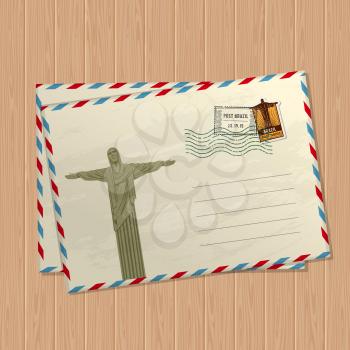 Vector vintage style letters with statue of jesus christ, marks and stamps of Brazil and place for text on wooden texture background illustration