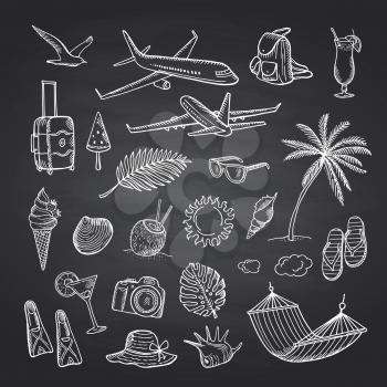 Vector hand drawn summer travel elements isolated on black chalkboard illustration