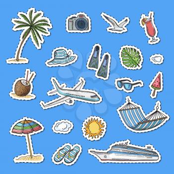 Vector hand drawn summer travel elements stickers set illustration isolated o blue