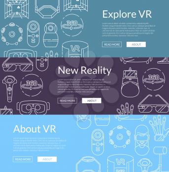 Vector horizontal web banners poster illustration with linear style virtual reality elements