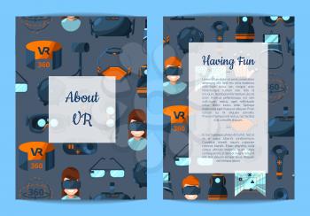 Vector card, flyer or brochure template for VR gadgets shop or amusement park with flat style virtual reality elements illustration