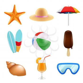 Summer odjects isolate. Realistic icons of summer time. Summer travel, ball and ice cream illustration