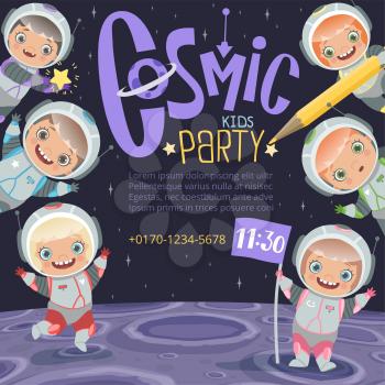 Kids party invitation. Astronauts childrens cartoon space background with place for text vector. Illustration of space cartoon party, cosmic poster announce