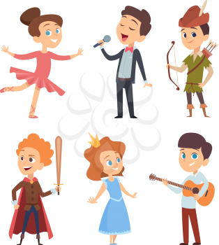 Theater kids. Children making performance at school stage vector funny characters theatre actors in action poses. Illustration of costume artist, entertainment and performance, performing school stage