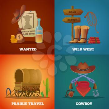 Wild west collections. Western cowboys horse lasso saloon and guns vector symbols. Poster of wanted in wild west, cowboy and prairie travel, dynamite and gun illustration