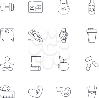 Sport icons. Fitness athlete nutrition aerobics fit coaching healthy food vector thin line symbols. Fit and sport, kettlebell and nutrition illustration