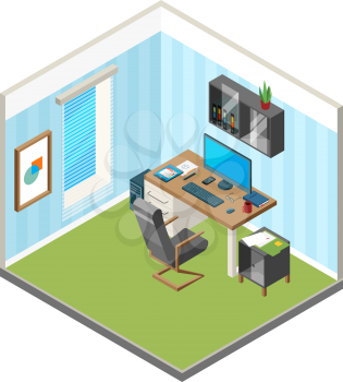 Isometric home workspace. Designer freelancer office workplace art production studio computer monitor vector illustrations. Workplace freelance, coworking business freelancer