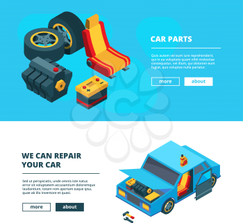 Car parts banners. Auto service with specific tools transmission engine gear wheels accumulator batteries vector isometric collection. Car service, accumulator and transmission illustration