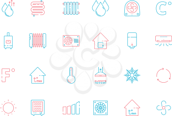 Cooling icons. Heating home conditioning symbols ventilation service vector colored thin pictures. Illustration of air conditioning, cooling system and conditioner equipment