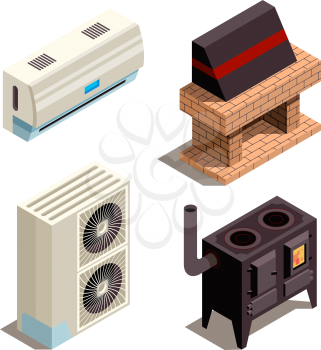 Air conditioning systems. Cooling heating generators compressor pressure pipe vector isometric collection. Conditioner and fireplace, conditioning and heater illustration