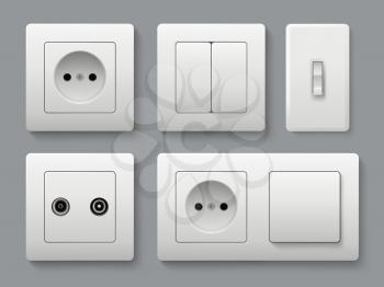 Electric socket switches. House shifting electrical switches vector realistic template. Illustration of switch energy, electricity socket, electrical outlet