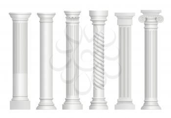 Antique pillars. Greek historical rome classic columns vector realistic illustrations. Greece antique stable, ancient architecture pillar column