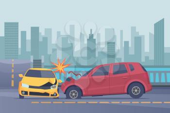 Accident road background. Damaged spped cars in urban landscape emergency help broken transport vector pictures. Illustration of crash transport on road, broken auto collision