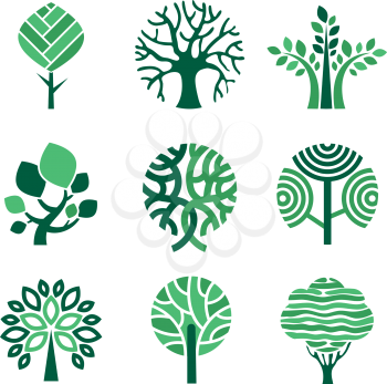 Tree logo. Green eco symbols nature wood tree stylized vector pictures. Eco wood tree, organic natural abstract trees illustration