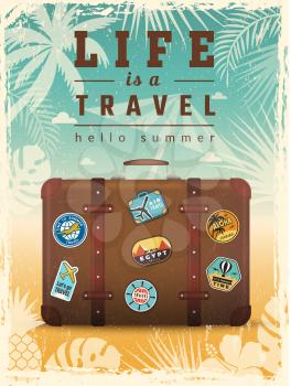 Travel retro poster. Summer vacation placard with travel vector signs. Travel and trip luggage, adventure tourism illustration