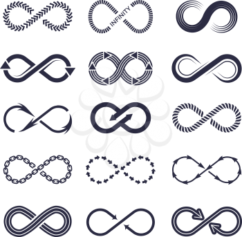 Eternity symbols. Vector monochrome icon collection of infinity logotypes. Illustration of infinite outline, motion infinity, eternity continual
