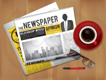 Newspaper with coffee cup. Magazine or newspaper press cover top view on table breakfast news with hot tea vector picture. Newspaper and coffee of cup, news page information illustration
