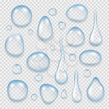 Clean water drops. Reflective liquid fresh splashes of transparent water vector realistic pictures. Transparent drops clean, water liquid illustration