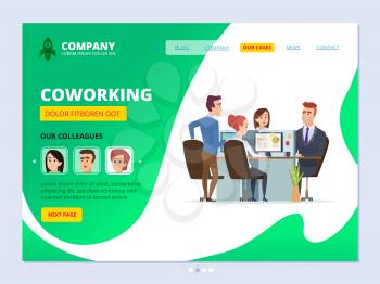 Teamwork landing. Coworking concept web page layout business workspace managers male and female office agency vector design template. Office teamwork, business colleague illustration
