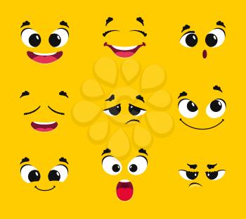 Cartoon faces collection. Different emotions smile joy surprise sadness anger longing fright vector emoticons. Illustration of facial emotional, surprised and sadness