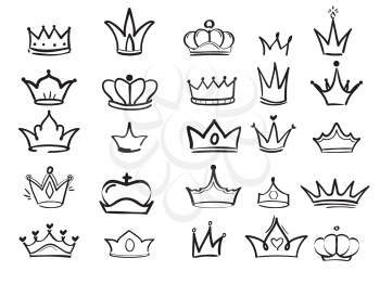 Doodling crown. Ink hand drawn symbols of king elegant imperial monarch vector ink art. Princess crown and king elements illustration
