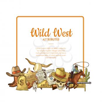 Vector hand drawn wild west cowboy elements below frame with place for text illustration. West cowboy and wild horse, sheriff american