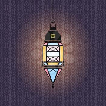 Vector Ramadan illustration with hanging lightened lantern on colored arabic pattern background