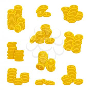 Different stacks of golden coins. Vector illustrations of gold money. Gold coin stack money, heap investment coins