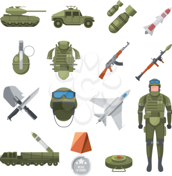 Icon set of police and army. Military illustrations of soldiers, and different weapons. Mlitary soldier, army, ammunition and grenade