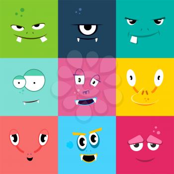 Set of cartoon monsters faces with different emotions. Colored flat monster face characters, vector illustration