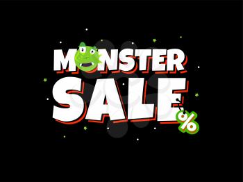 Sale card with cute monster. Promotion typography design monster sale, shopping business and discount, vector illustration