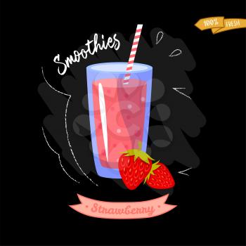 Glass of smoothies on black background. Strawberry. Summer design - good for menu design. Strawberry juice vector illustration