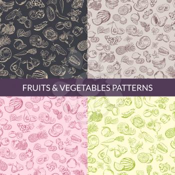 Vector handsketched fruits and vegetables vegan, healthy food, organic patterns set. Illustration collection background