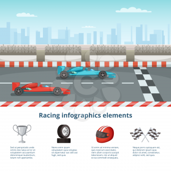 Sport infographic with race cars of formula 1. Different cars and driver tools. Formula one race car. Vector illustration