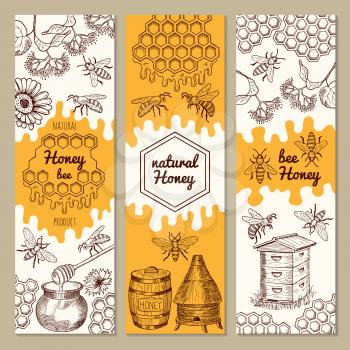 Banners with honey product pictures. Bee, honeycomb. Vector illustrations. Sweet honey natural banner collection