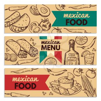 Banners set with picture of different mexican foods for restaurant menu. Mexican food banner menu. Vector illustration