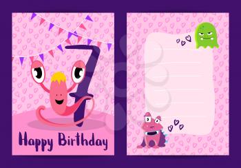 Vector banner happy birthday cards with cute monsters, garlands and age number on handdrawn hearts background illustration