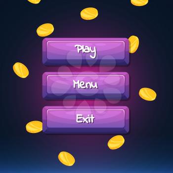 Vector cartoon style wooden buttons with text for game design on coins background. Vector illustration