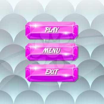Vector cartoon style shiny gemstone buttons with text for game design on neutral abstract background illustration