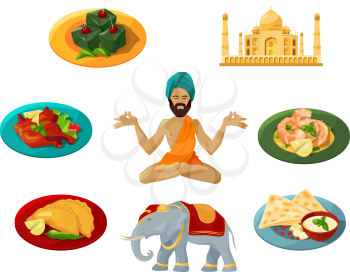 Different objects of traditional indian culture. Vector illustrations set. Indian travel and tourism, architecture and elephant, taj mahal and food