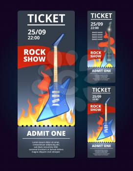 Ticket design template of music event. Poster music with illustration of rock guitar. Banner of music concert ticket to festival show vector