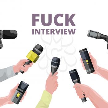 Illustrations for daily news. Hands holding microphones. Interview of microphone banner, journalism and report vector