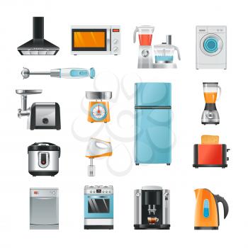 Different household in cartoon style. Electrical equipment for kitchen refrigerator and microwave, electronic mixer and blender, vector illustration
