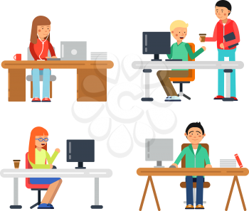 Freelancers male and female at computer workspace. Illustrations of coworkers in flat style. Vector freelancer in office coworking